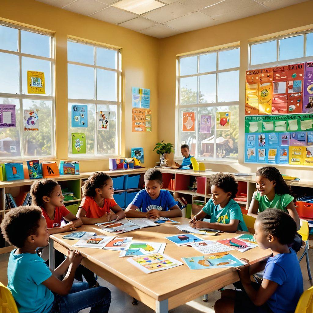 A colorful classroom scene showing diverse children engaged in various educational activities like reading, building blocks, and group discussions, with posters of foundational subjects like math and literacy on the walls. Include a friendly teacher guiding the students with resources like books and digital tablets around them. Bright sunlight streaming through the windows to symbolize positivity and growth. cartoonish style. vibrant colors.