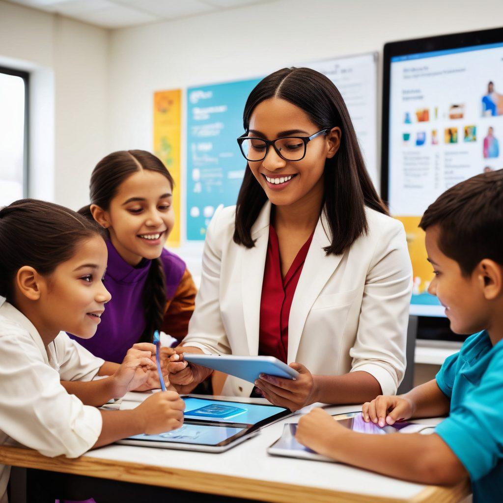 A diverse classroom scene showing a teacher engaging with students using interactive technology like tablets and smart boards, emphasizing collaboration and creativity. The students, representing various ethnicities, are enthusiastically working together on a project, surrounded by inspiring educational posters. The atmosphere is vibrant and energizing, symbolizing empowerment in learning. super-realistic. vibrant colors. white background.