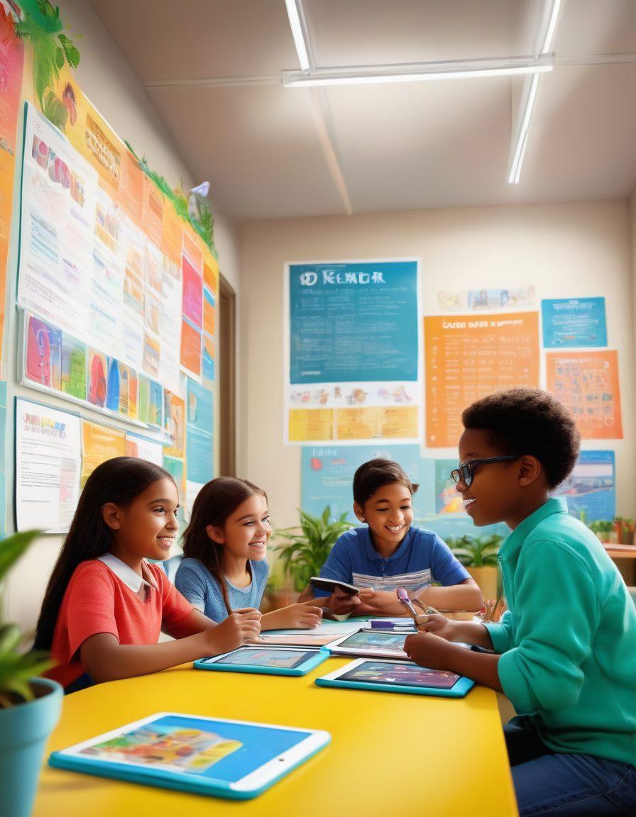 A vibrant classroom scene with engaged young students using innovative learning tools like tablets and colorful books, surrounded by eye-catching educational posters on the walls. Include a friendly teacher guiding them, diverse children collaborating on a project, and potted plants for a lively atmosphere. Brightly lit and filled with enthusiasm, showcasing a blend of creativity and academic focus. 3D. vibrant colors.